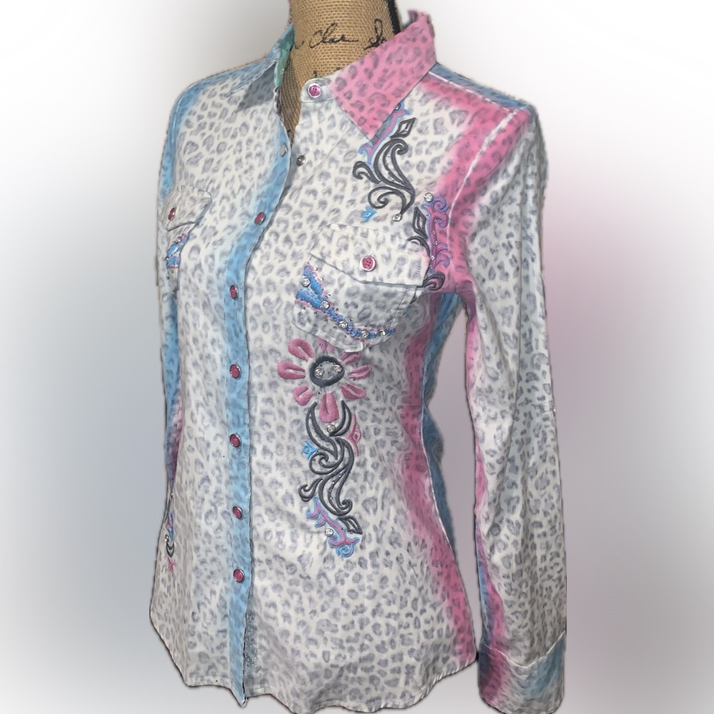 Roar Women's Embroidered Button Down Shirt - Pink, Blue, White